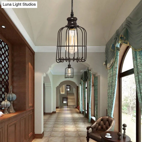 Industrial Glass Single Light Pendant Ceiling With Cage - Black Cylinder Design For Dining Room