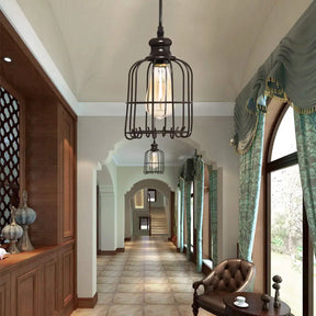 Industrial Glass Pendant Ceiling Light With Cage - Black Cylinder Design For Dining Room