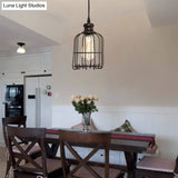 Industrial Glass Pendant Ceiling Light With Cage - Black Cylinder Design For Dining Room