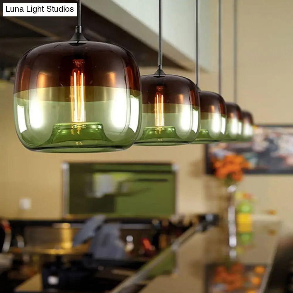 Industrial Green/Blue And Brown Glass Hanging Pendant Light - Drum Dining Table Suspension Lamp With