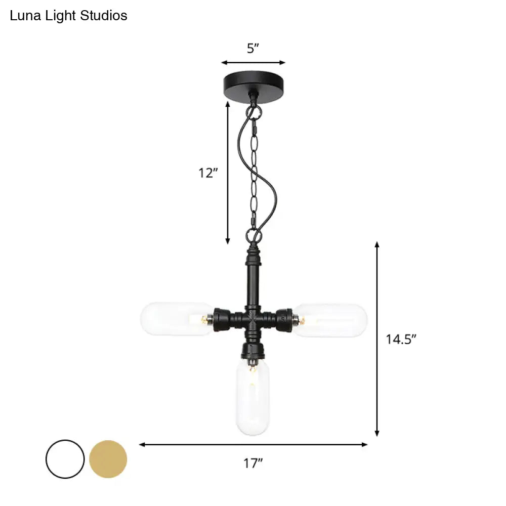 Industrial Glass Pipe Chandelier With Amber/Clear Accents - 3-Head Led Ceiling Fixture For Dining