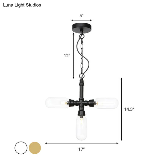 Industrial Glass Pipe Chandelier With Amber/Clear Accents - 3-Head Led Ceiling Fixture For Dining