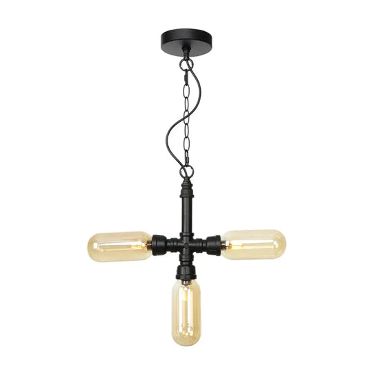 Industrial Glass Pipe Chandelier With Amber/Clear Accents - 3-Head Led Ceiling Fixture For Dining