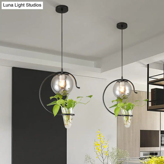 Industrial Globe Metal Pendant With Led Light In Milk White/Smoke Grey Glass - Black/Gold Suspended