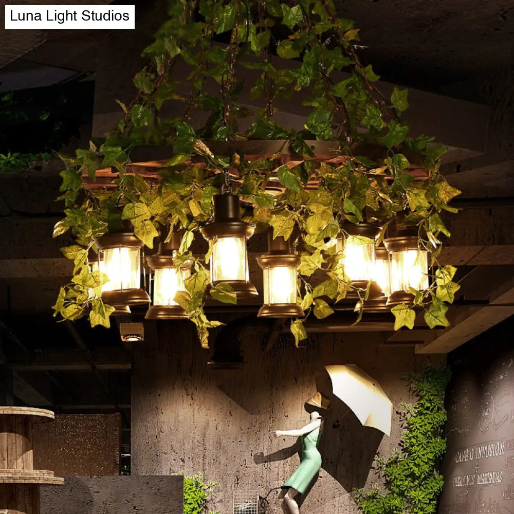 Industrial Wooden Chandelier With Led Plant Ceiling Light - Green Lantern Design 3/6/8 Heads Ideal