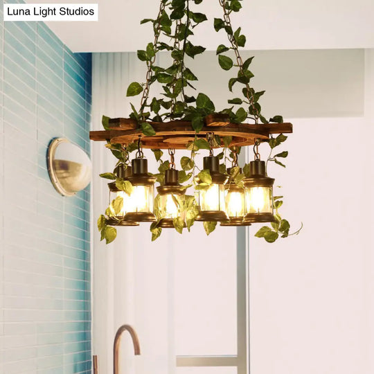 Industrial Wooden Chandelier With Led Plant Ceiling Light - Green Lantern Design 3/6/8 Heads Ideal