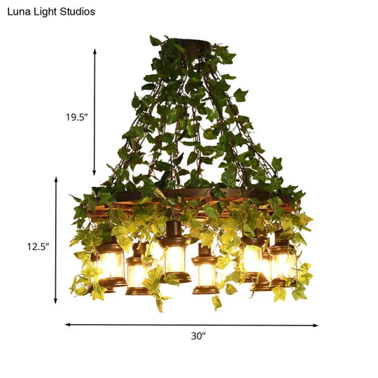 Industrial Wooden Chandelier With Led Plant Ceiling Light - Green Lantern Design 3/6/8 Heads Ideal