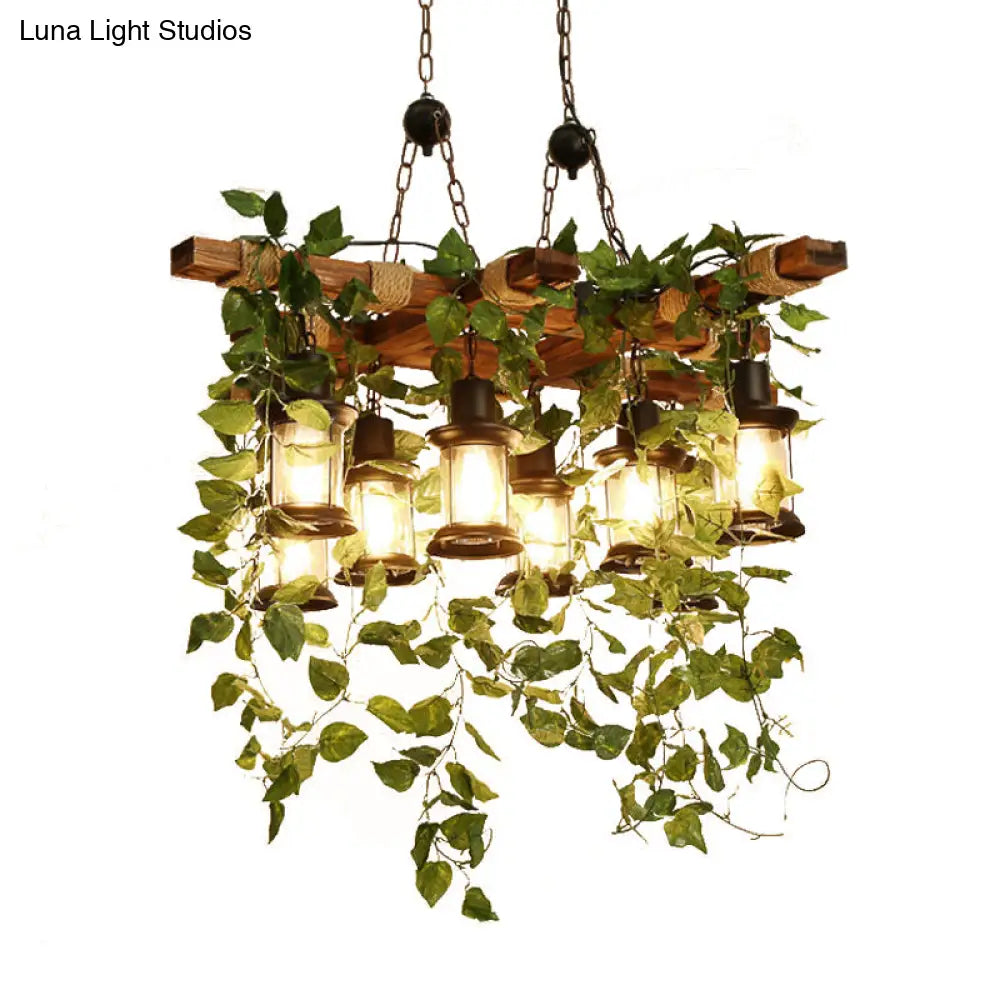 Industrial Green Lantern Wooden Chandelier - Led Restaurant Ceiling Light (3/6/8 Heads)