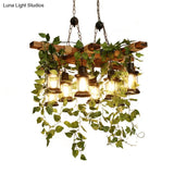 Industrial Green Lantern Wooden Chandelier - Led Restaurant Ceiling Light (3/6/8 Heads)