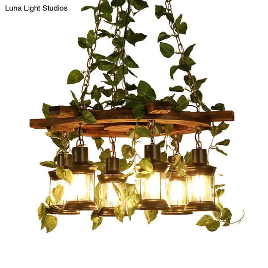 Industrial Wooden Chandelier With Led Plant Ceiling Light - Green Lantern Design 3/6/8 Heads Ideal