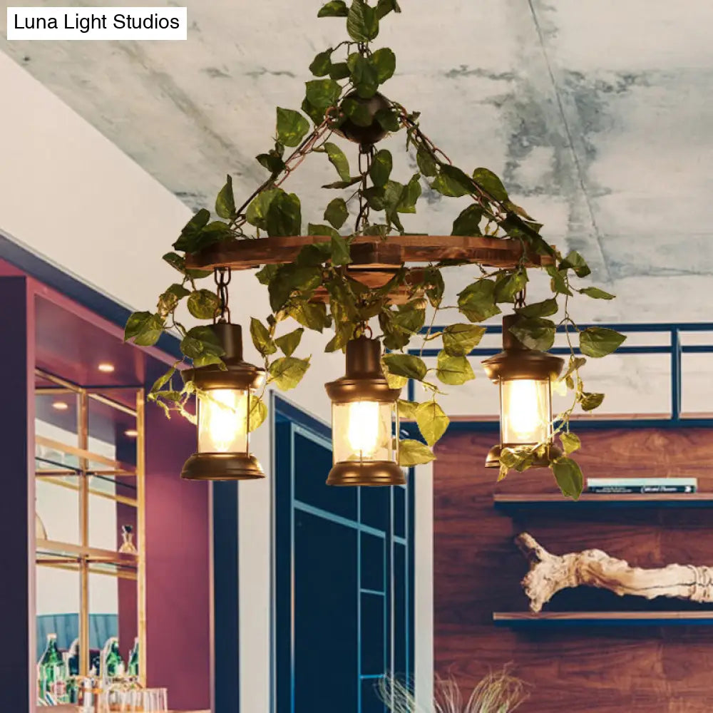 Industrial Wooden Chandelier With Led Plant Ceiling Light - Green Lantern Design 3/6/8 Heads Ideal
