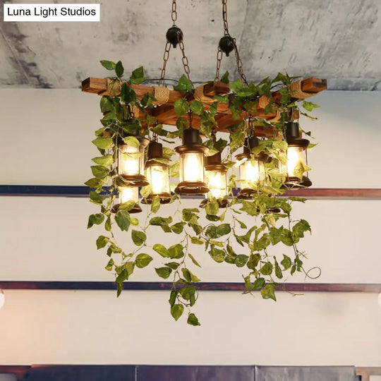 Industrial Wooden Chandelier With Led Plant Ceiling Light - Green Lantern Design 3/6/8 Heads Ideal