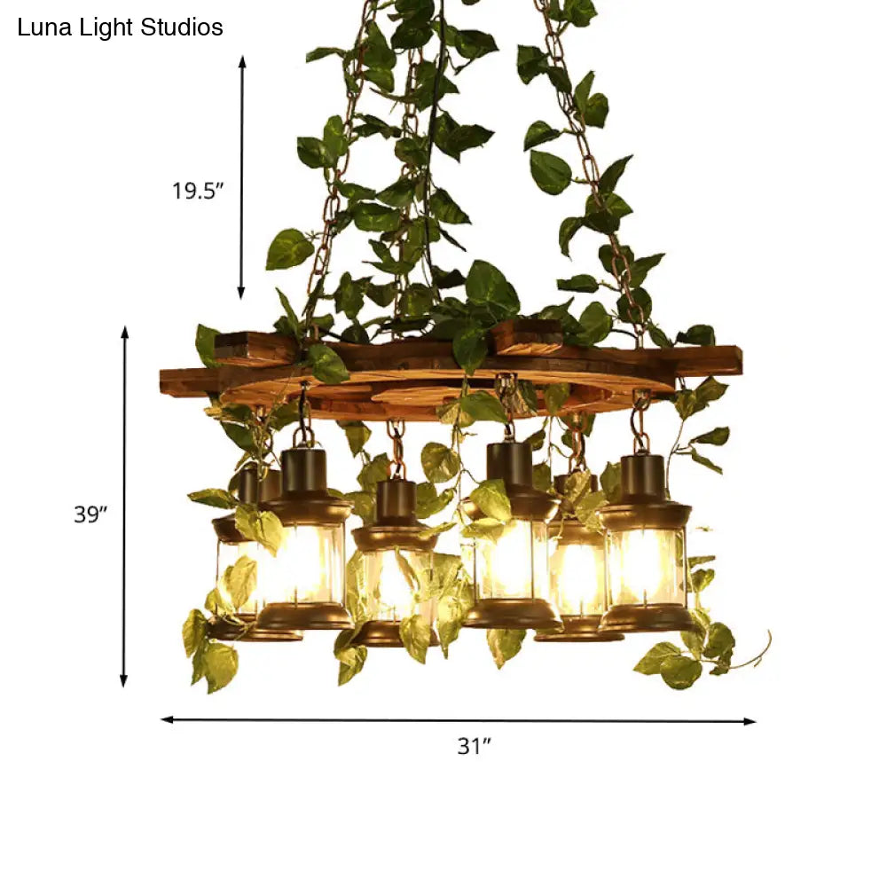 Industrial Wooden Chandelier With Led Plant Ceiling Light - Green Lantern Design 3/6/8 Heads Ideal