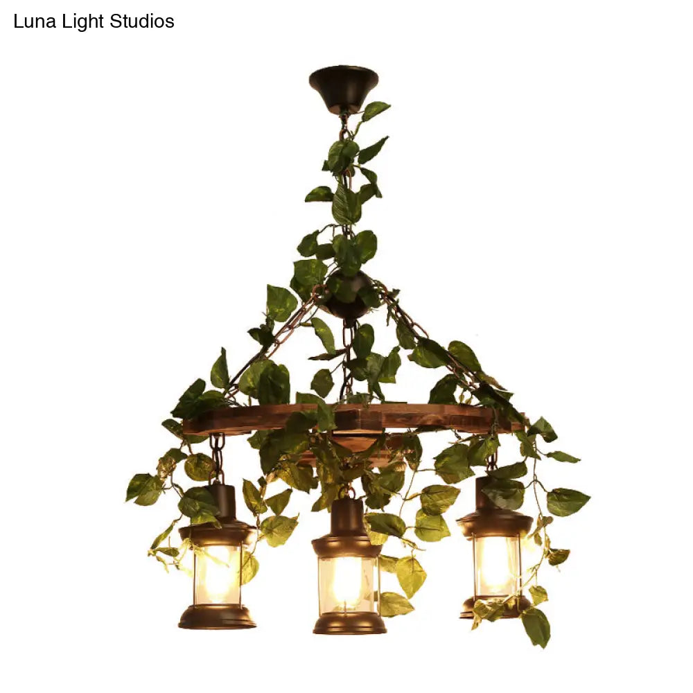 Industrial Wooden Chandelier With Led Plant Ceiling Light - Green Lantern Design 3/6/8 Heads Ideal