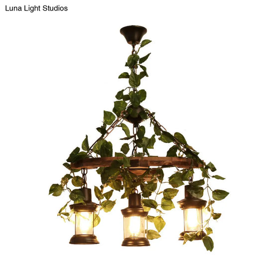 Industrial Wooden Chandelier With Led Plant Ceiling Light - Green Lantern Design 3/6/8 Heads Ideal