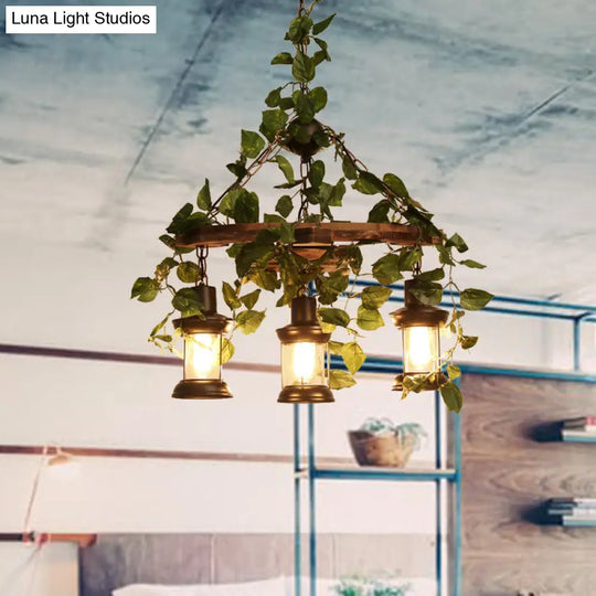 Industrial Wooden Chandelier With Led Plant Ceiling Light - Green Lantern Design 3/6/8 Heads Ideal