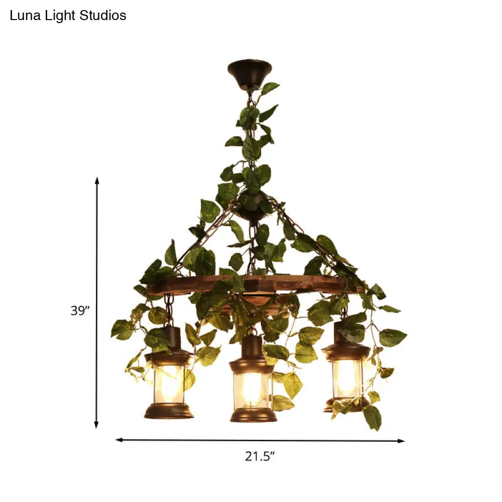 Industrial Green Lantern Wooden Chandelier - Led Restaurant Ceiling Light (3/6/8 Heads)