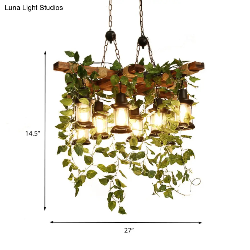 Industrial Wooden Chandelier With Led Plant Ceiling Light - Green Lantern Design 3/6/8 Heads Ideal