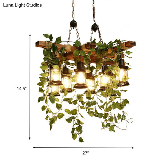 Industrial Wooden Chandelier With Led Plant Ceiling Light - Green Lantern Design 3/6/8 Heads Ideal