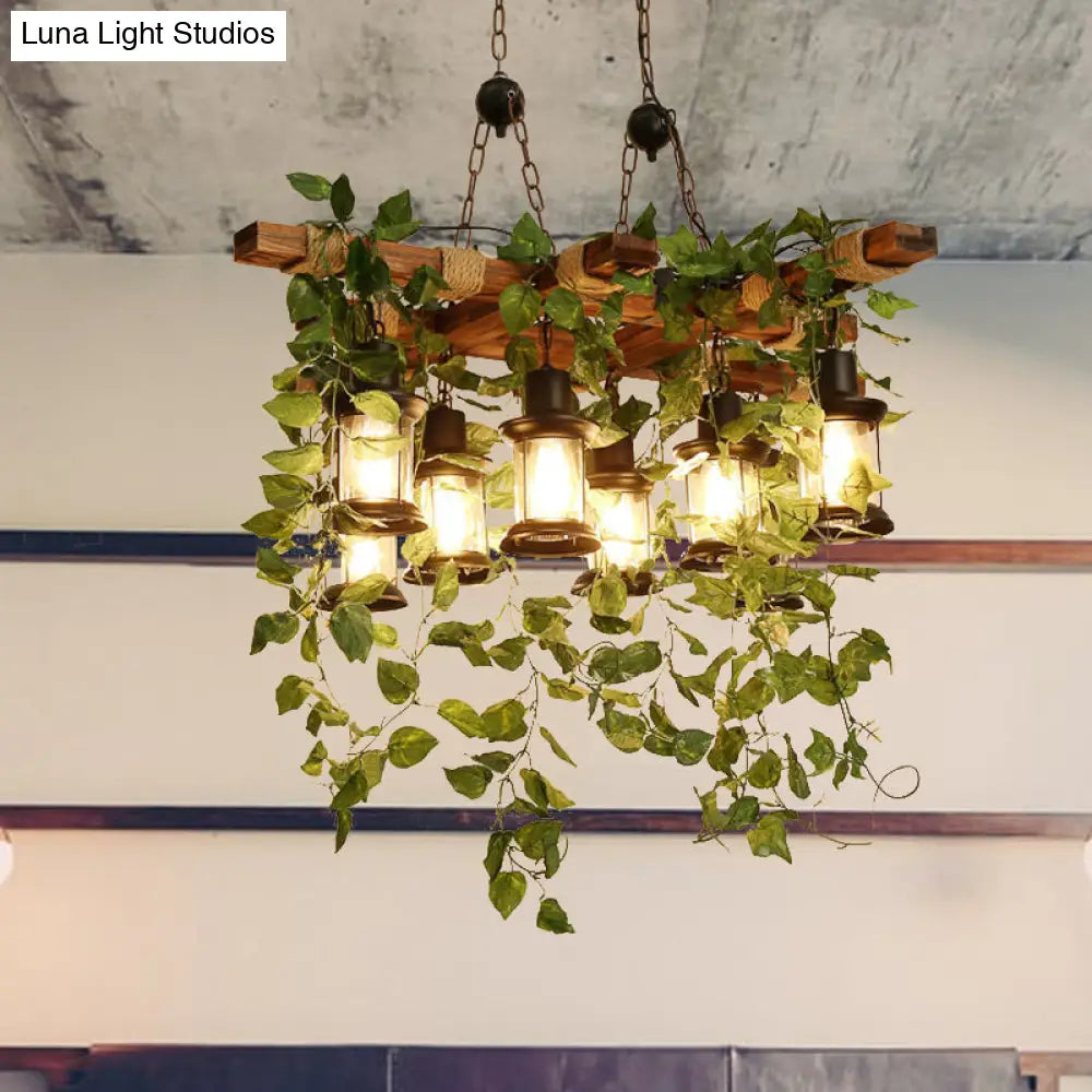 Industrial Green Lantern Wooden Chandelier - Led Restaurant Ceiling Light (3/6/8 Heads)