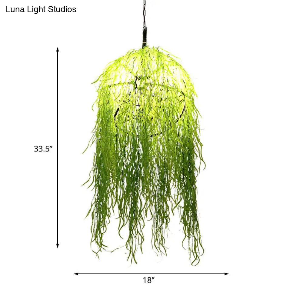 Industrial Green Metal Chandelier With Bell Cage Design And Wicker Ornament 18’/21.5’ Wide -