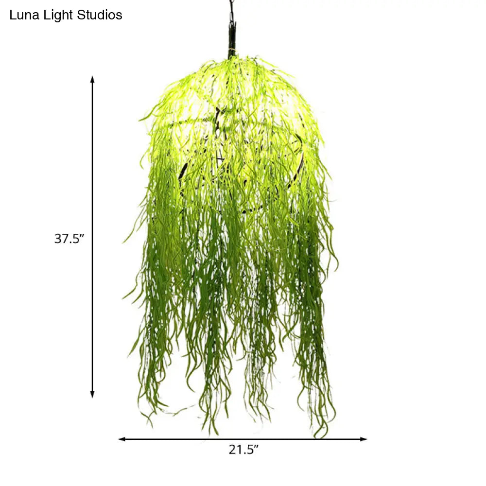 Industrial Green Metal Chandelier With Bell Cage Design And Wicker Ornament 18’/21.5’ Wide -