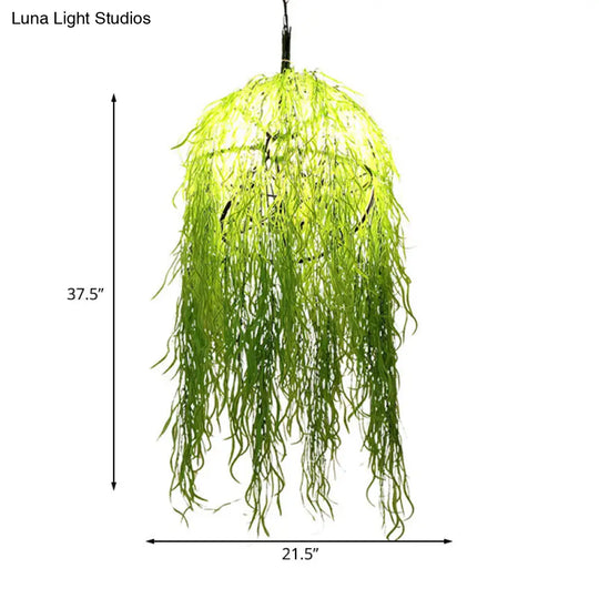 Industrial Green Metal Chandelier With Bell Cage Design And Wicker Ornament 18’/21.5’ Wide -