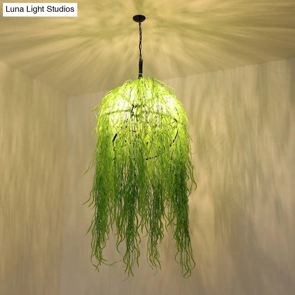 Industrial Green Metal Bell Cage Chandelier With Wicker Ornament - 3 Heads 18/21.5 Wide