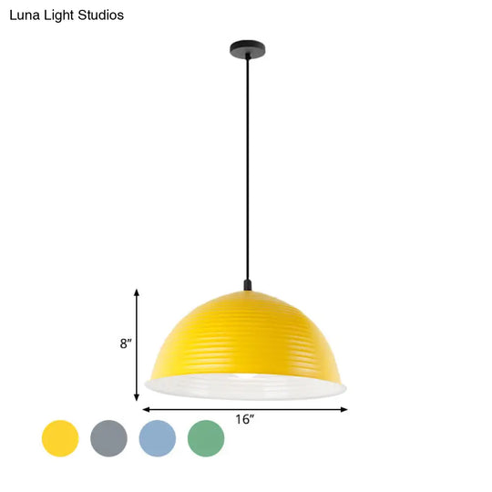 Industrial Metal Hanging Lamp With Ribbed Dome Shade - 1 Light Grey/Yellow 12/16 W