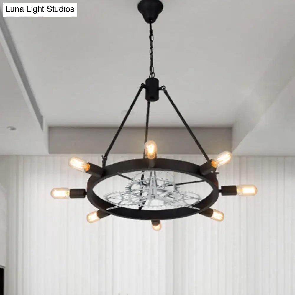 Industrial Hanging Chandelier With Exposed Bulb Design - 7/8 Bulbs Iron Frame Black/Silver Gear