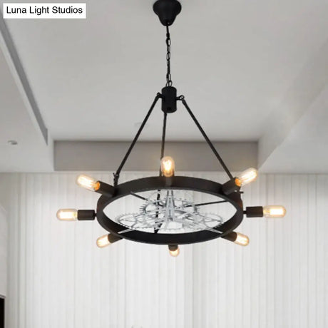 Industrial Hanging Chandelier With Exposed Bulb Design - 7/8 Bulbs Iron Frame Black/Silver Gear