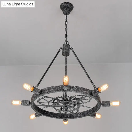 Industrial Hanging Chandelier With Exposed Bulb Design - 7/8 Bulbs Iron Frame Black/Silver Gear