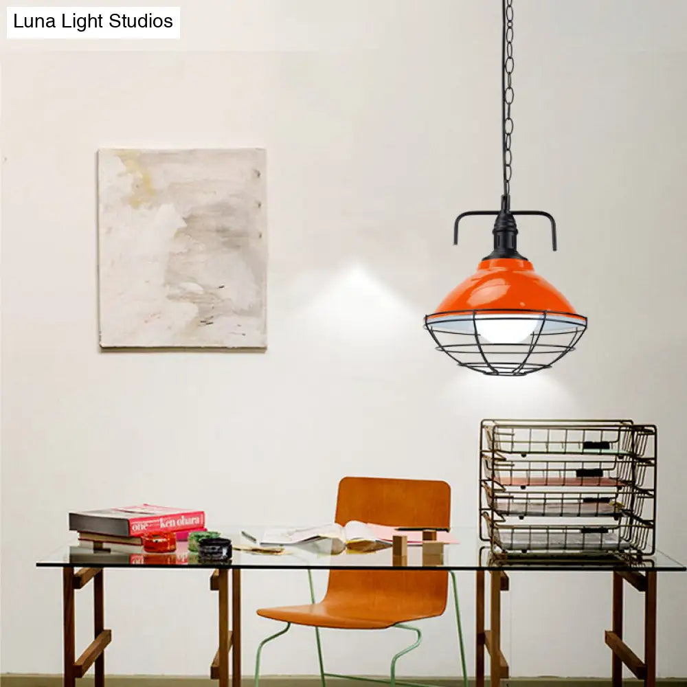 Industrial Hanging Lamp: 11’/14’ Dia 1-Light Dome Pendant Black/Blue Metal With Wire Cage For