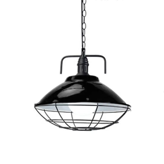 Industrial Hanging Lamp: 11’/14’ Dia 1-Light Dome Pendant Black/Blue Metal With Wire Cage For