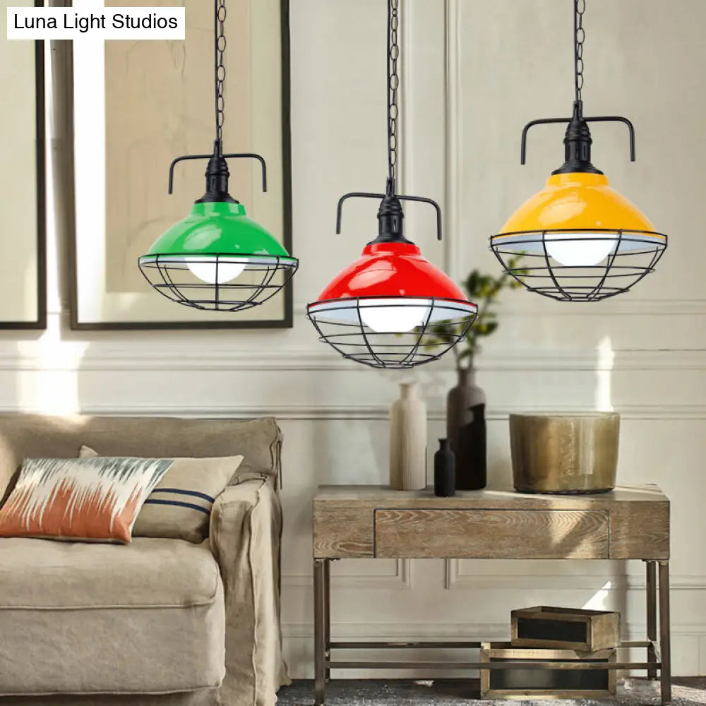 Industrial Hanging Lamp: 11’/14’ Dia 1-Light Dome Pendant Black/Blue Metal With Wire Cage For