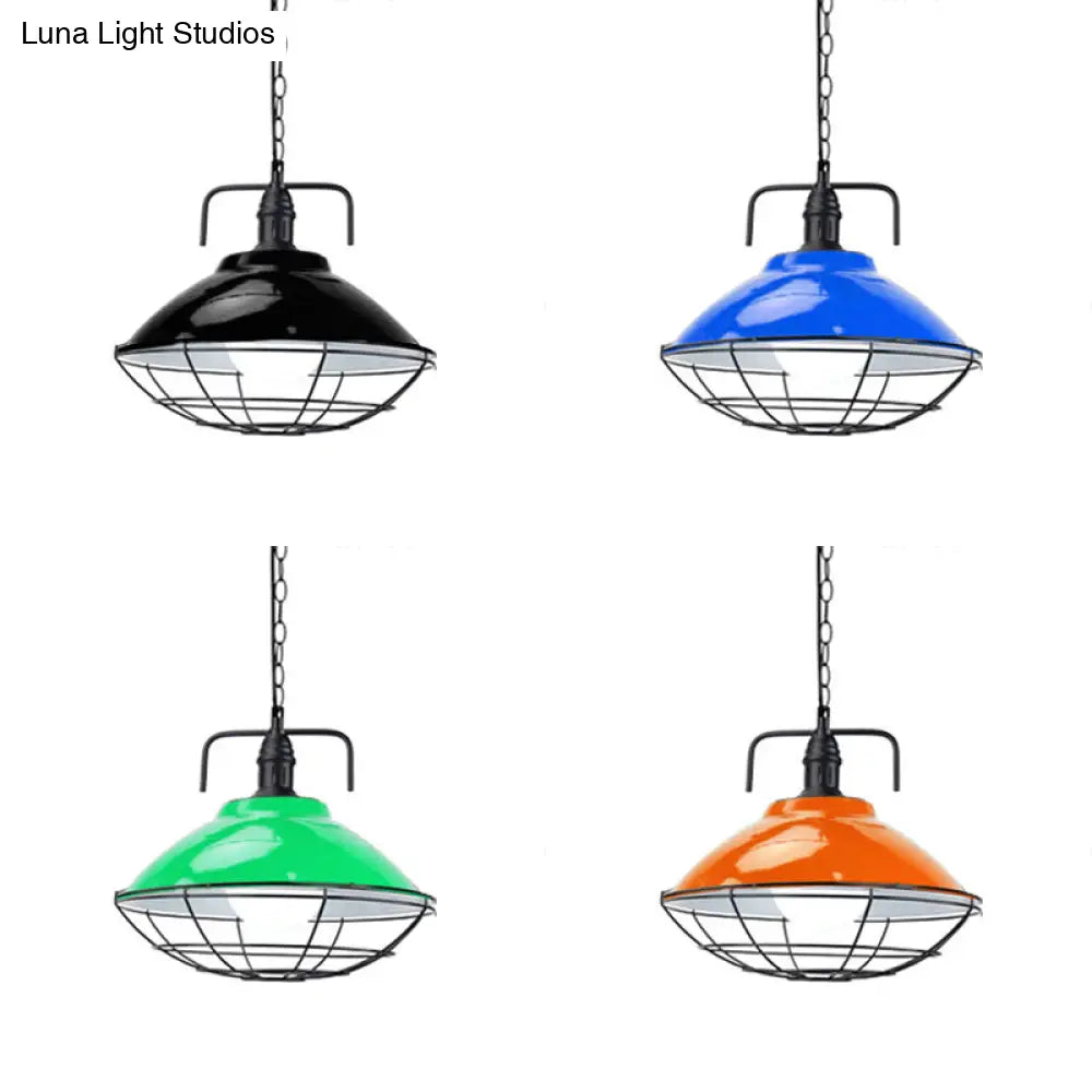 Industrial Black/Blue Metal Dome Hanging Lamp - 11/14 Diameter 1 Light Pendant Lighting With Wire