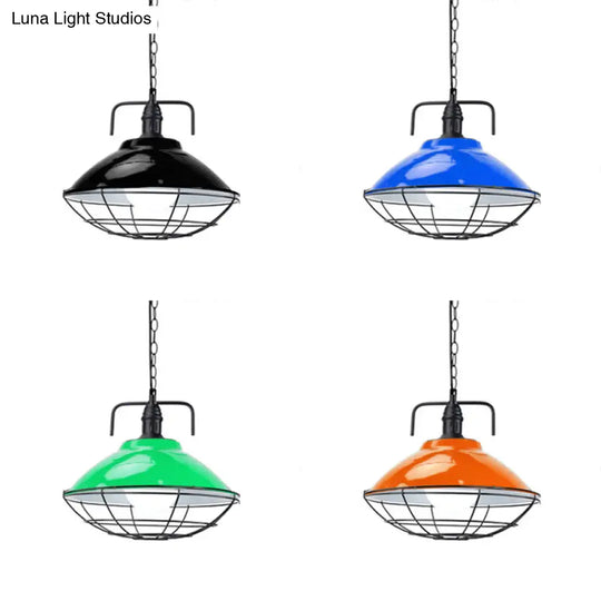 Industrial Black/Blue Metal Dome Hanging Lamp - 11/14 Diameter 1 Light Pendant Lighting With Wire