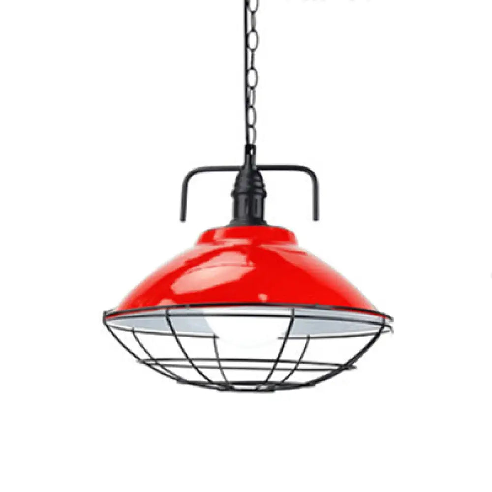 Industrial Hanging Lamp: 11’/14’ Dia 1-Light Dome Pendant Black/Blue Metal With Wire Cage For