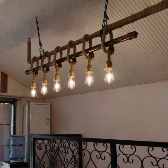 Industrial Hemp Rope Bronze Linear Bar Suspension Light Fixture 6 /