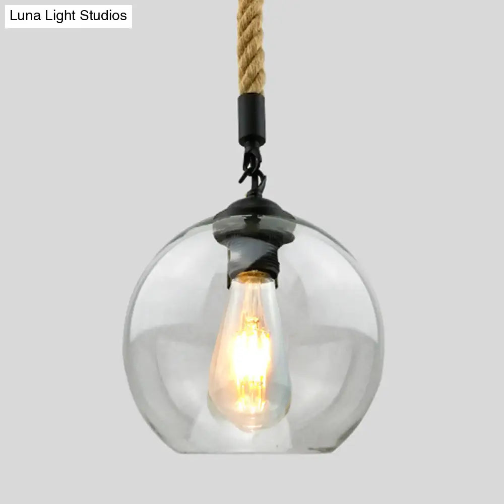 Industrial Hemp Rope Pendant Light With Rustic Globe Glass Shade For Kitchen Restaurant And Foyer