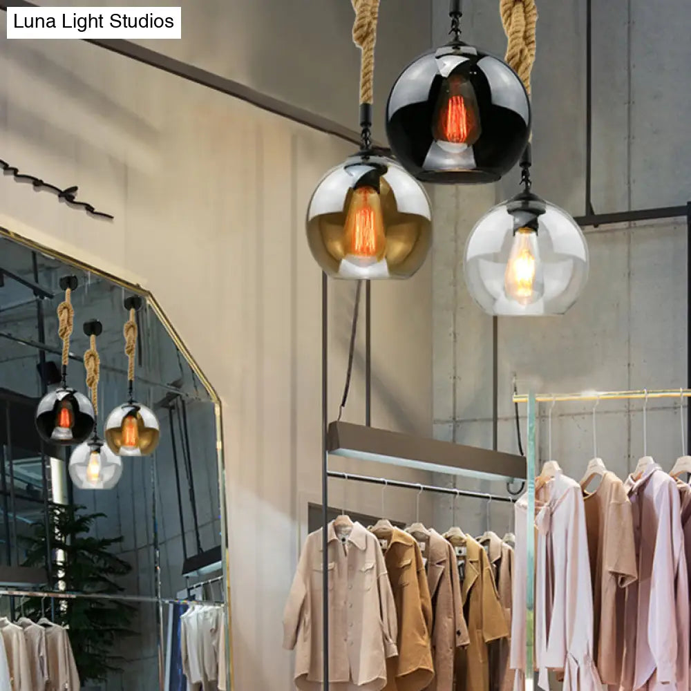 Industrial Hemp Rope Pendant Light With Rustic Globe Glass Shade For Kitchen Restaurant And Foyer