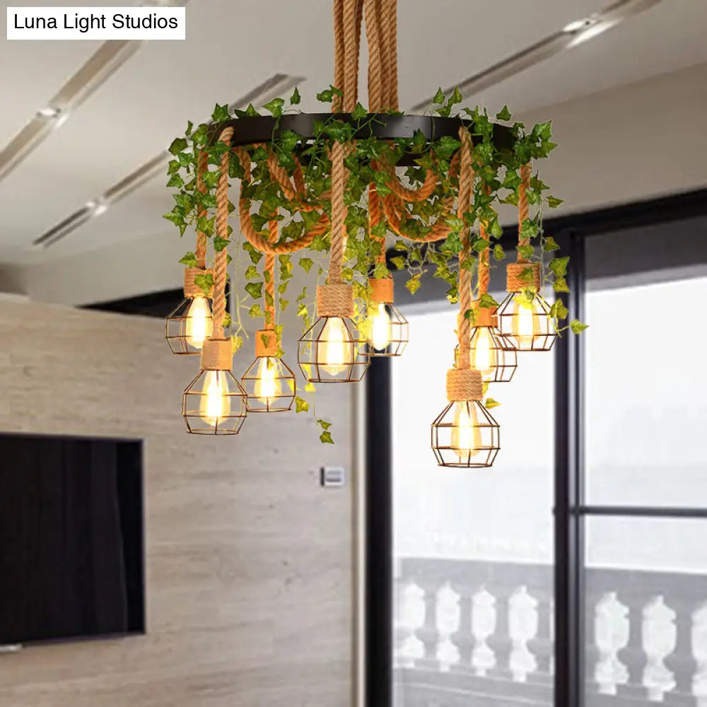Industrial Hemp Rope Restaurant Cluster Pendant With 8 Exposed Bulb Pink/Green Led Drop Lamp And