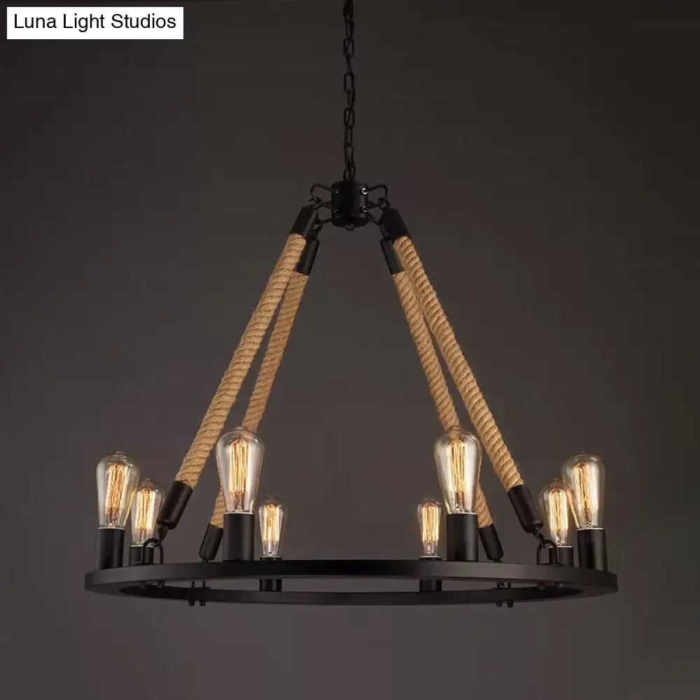 Industrial Hemp Rope Wagon Wheel Chandelier Pendant - Black 6/8 Lights For Living Room Ceiling Hang