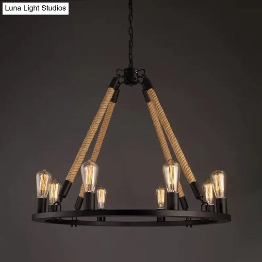 Industrial Hemp Rope Wagon Wheel Chandelier Pendant - Black 6/8 Lights For Living Room Ceiling Hang