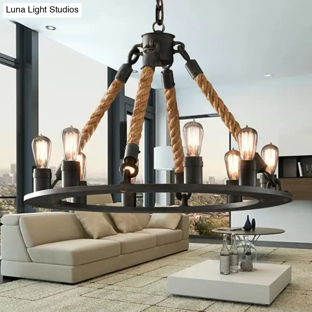 Industrial Hemp Rope Wagon Wheel Chandelier Pendant - Black 6/8 Lights For Living Room Ceiling Hang
