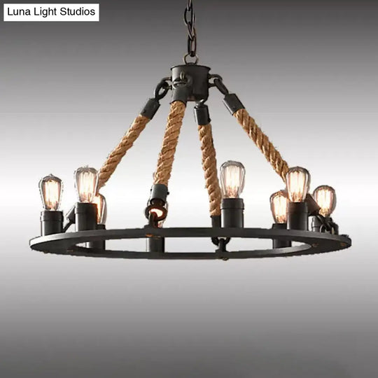 Industrial Hemp Rope Wagon Wheel Chandelier Pendant - Black 6/8 Lights For Living Room Ceiling Hang