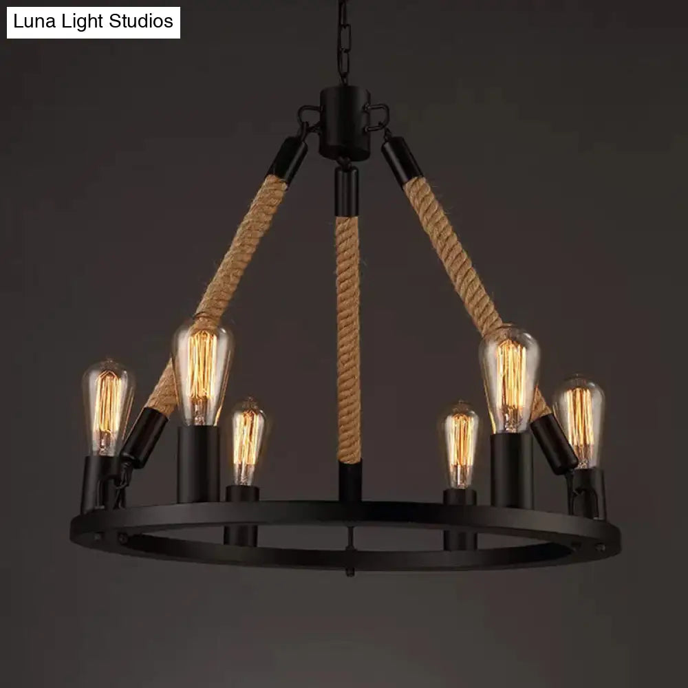 Industrial Hemp Rope Wagon Wheel Chandelier Pendant - Black 6/8 Lights For Living Room Ceiling Hang