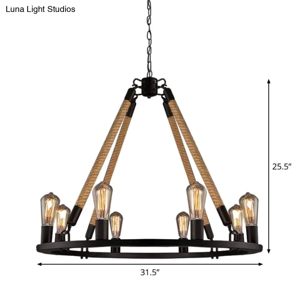 Industrial Hemp Rope Wagon Wheel Chandelier Pendant - Black 6/8 Lights For Living Room Ceiling Hang
