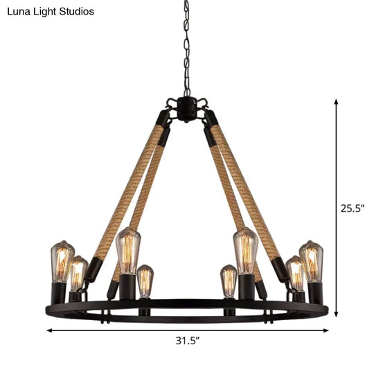 Industrial Hemp Rope Wagon Wheel Chandelier Pendant - Black 6/8 Lights For Living Room Ceiling Hang