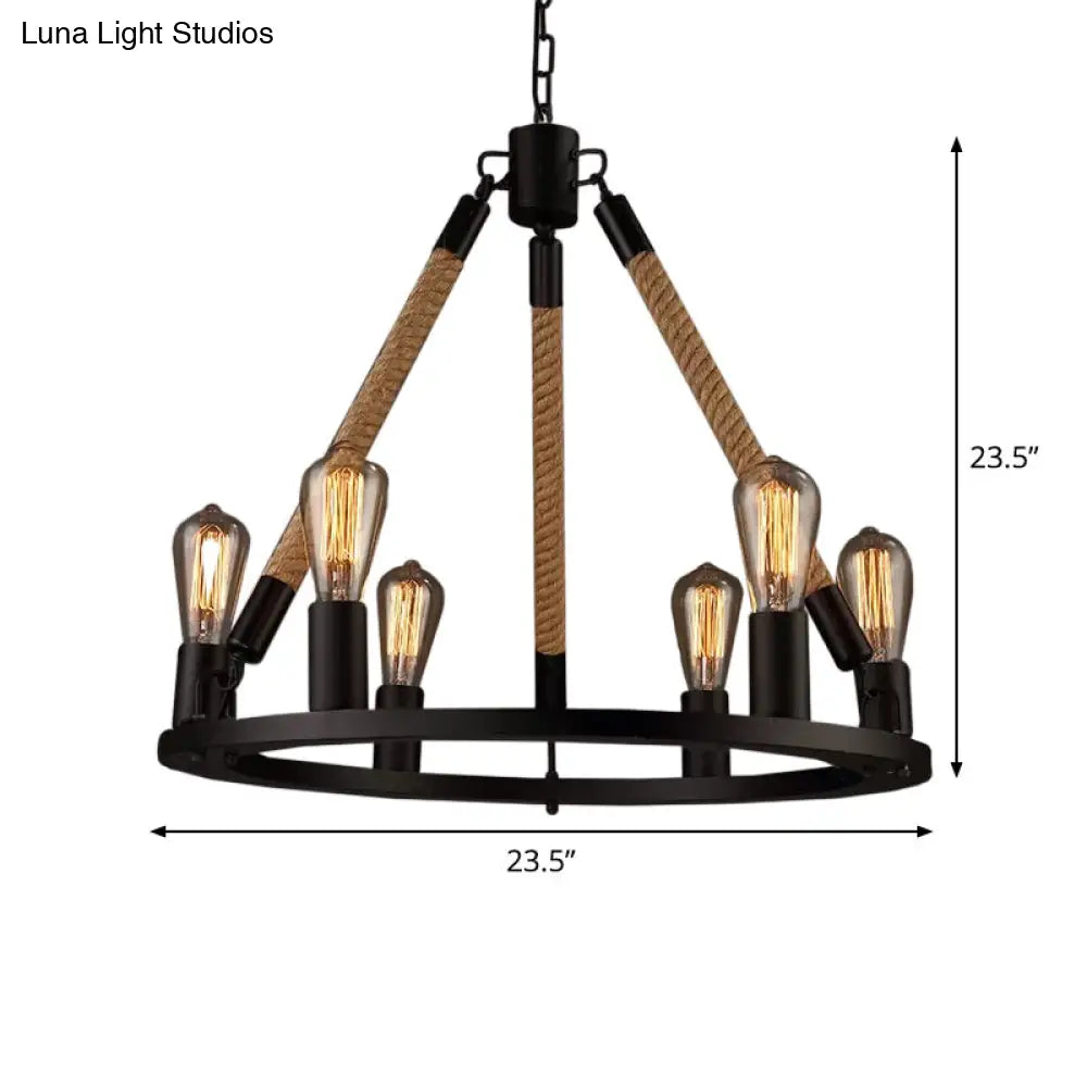 Industrial Hemp Rope Wagon Wheel Chandelier Pendant - Black 6/8 Lights For Living Room Ceiling Hang